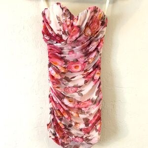 Rare London Floral Ruched Strapless Bodycon Mini Dress 6 Pink Party Formal